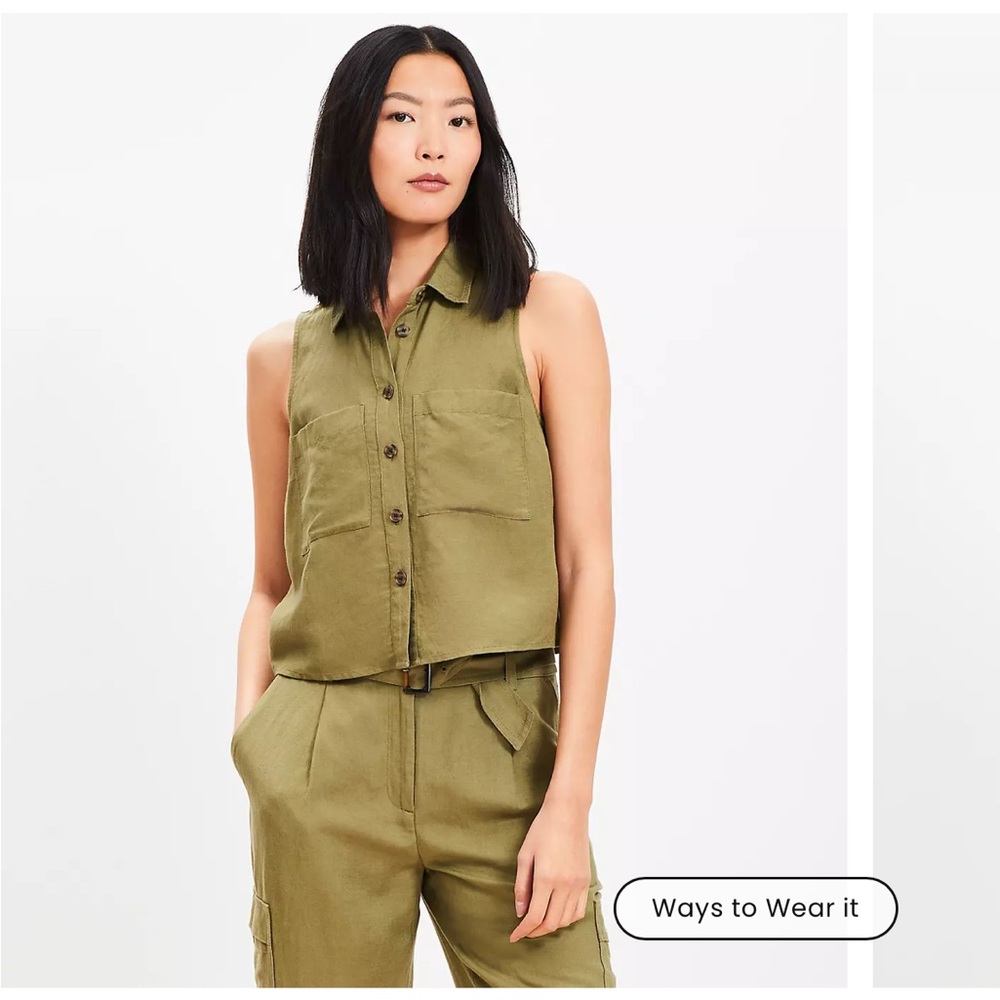 LOFT Green Boxy Mandarin Collar Button Down Shirt
